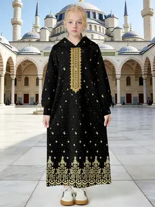 Girls' Traditional Robe, Vintage Gold Embroidered Border, Elegant and Proper, Perfect for Daily Wear, Stylish Girls' Clothing