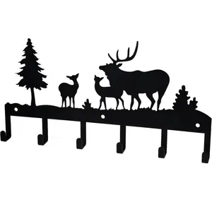 Key Holder Wall Mounted, Metal Blck Key Holder for Wall, with 6 Key Hooks for WallKey Rack Hanger Decorative Holders Organizers for Hanging Keys Home Entryway Hallway Office Door (Deer and trees)