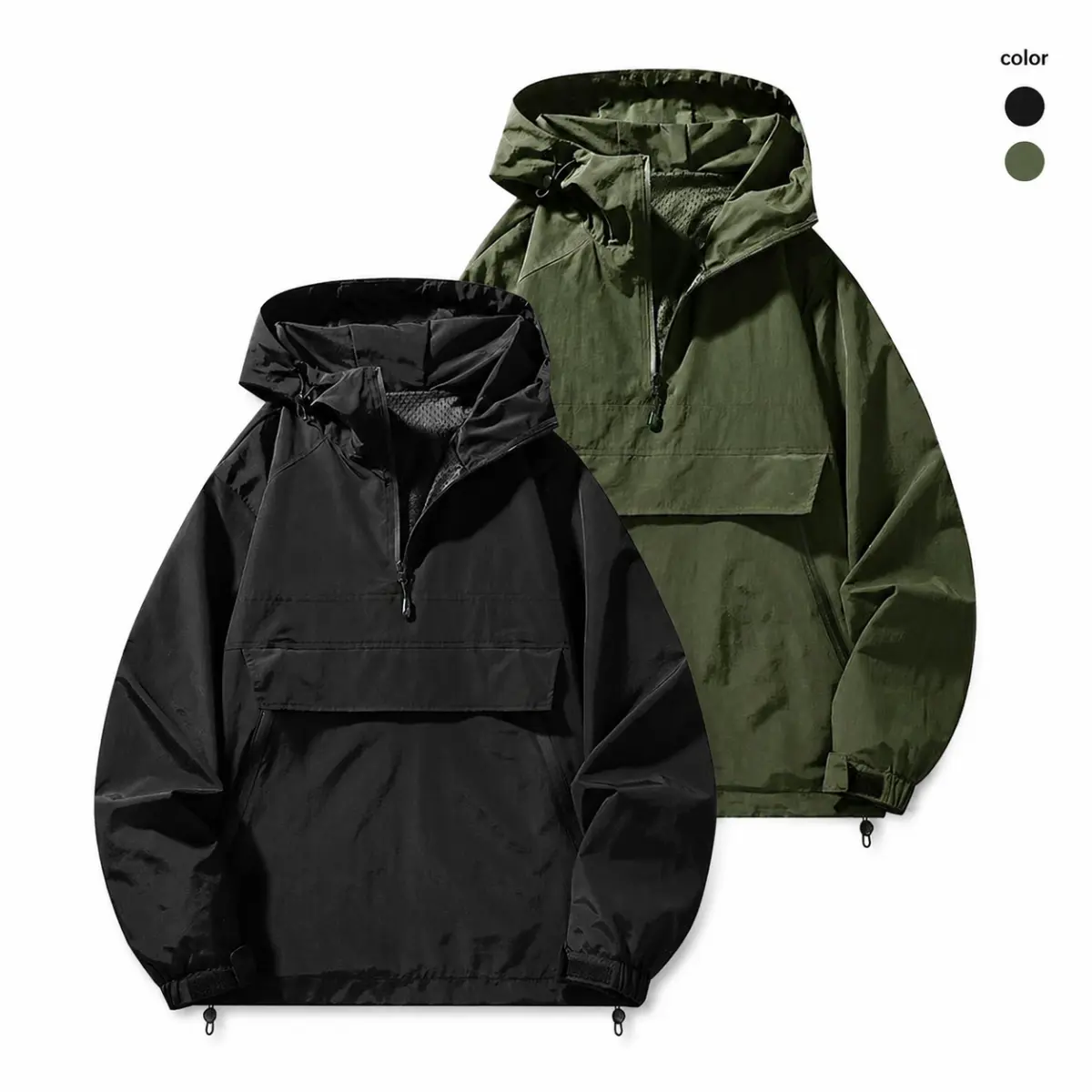 Men's Anorak Jacket - Polyamide Fabric Pullover, Stylish Long Sleeve Half-Zip Hooded Menswear with Elastic Adjustable Hem, Plain Fitted Commute-Ready Casual Wear with Pocket for All Seasons