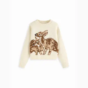 Cider Knit Deer Pattern Round Neckline Long Sleeve Oversized Top