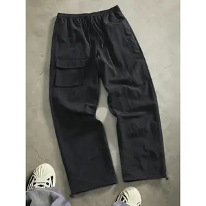 Men's Slim-Fit Polyester Casual Pants, Elastic Waistband, Drawstring Ankle Cuffs, Outer Pockets, Spring Fall Streetwear