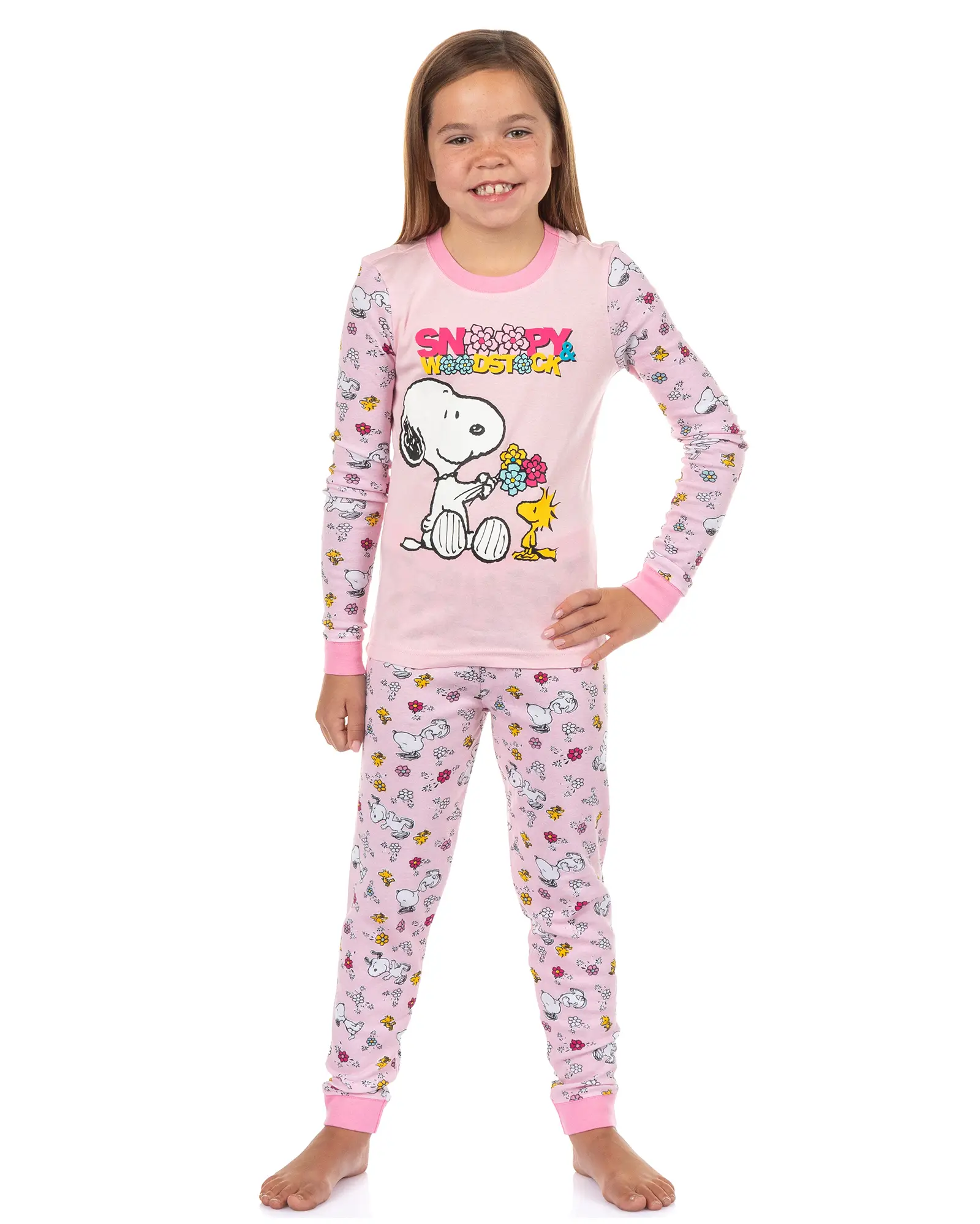 Peanuts Snoopy and Woodstock Girls' Pajamas Flower Motif Tight Fit Sleep Set, Soft Casual Pajamas, Snug Fit Pajamas