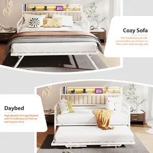 Jocoevol Bedding with power outlet LED light strip: Bedding for going to bed + Bedding for getting up. Twin sofa bed. White linen fabric + white iron frame + natural wood truss board.