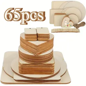 65 Pieces Untreated Wooden Board for Crafts, Round Square Heart-Shaped Wooden Discs Blanks Pyrography Painting Writing Staining Wooden Plate Set for DIY Crafts, Party Decoration