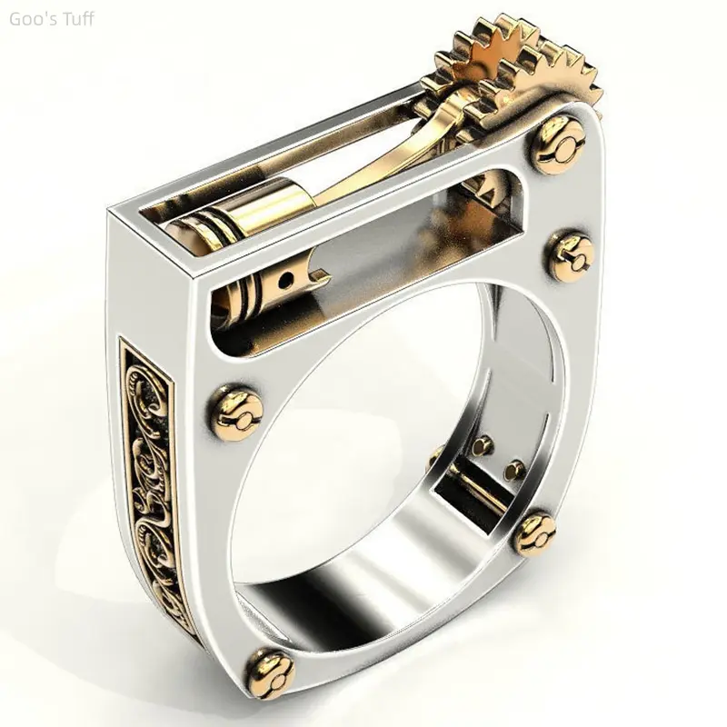 Unisex 2-Tone Mechanical Geometric Statement Ring, Fashion Finger Band Ornament for Street Rock Club & Daily Outfits, New Arrival Cross-Border Costume Jewelry Supply