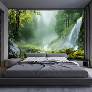 1pc Extra Large (Extra Wide/Tall) Green Forest Waterfall Tapestry - Lush Trees, Cascading Waterfalls, Misty Jungle Landscape - Realistic Nature Wallpaper Replacement - Durable Polyester Fabric Wall Hanging for Living Room, Bedroom, Office, Streaming Backd