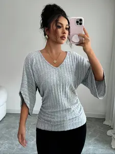 Women's V-Neck Short Sleeve Loose Fit Knit Sweater, Light Vertical Striped Texture Fabric, Irregular Hem Design, Casual Fashion Top, Knitwear