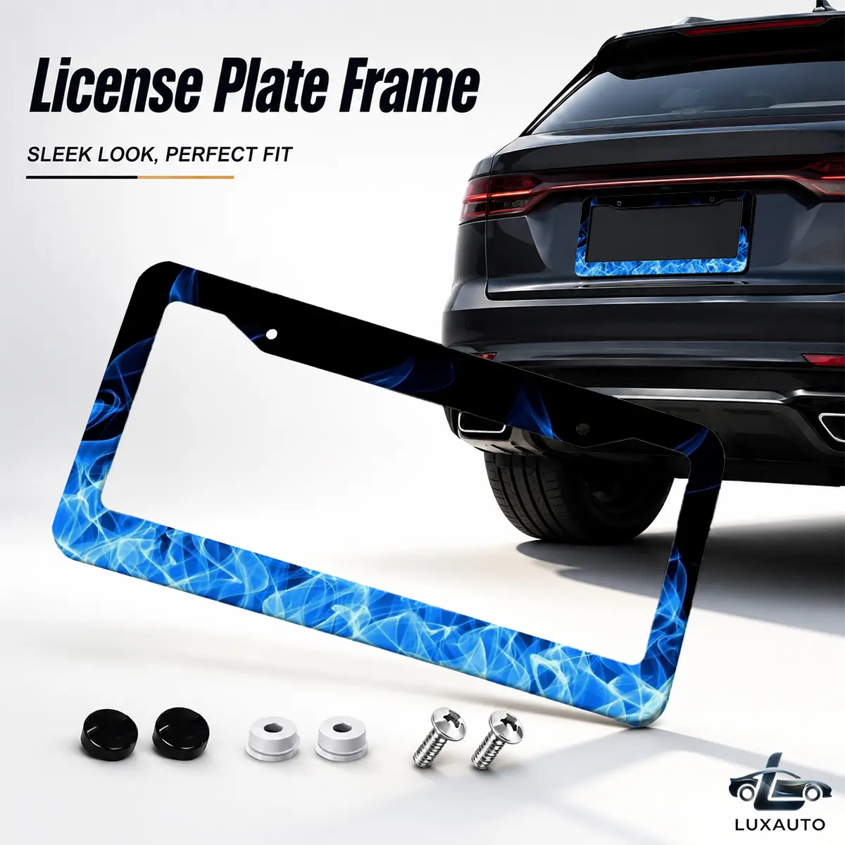 Blue Flame License Plate Frame, Decorative Aluminum Car License Plate Holder with Screws & Caps, Universal 12.2 x 6.3 Inch Rust-Resistant Metal Tag Frame for Cars, SUVs & Trucks