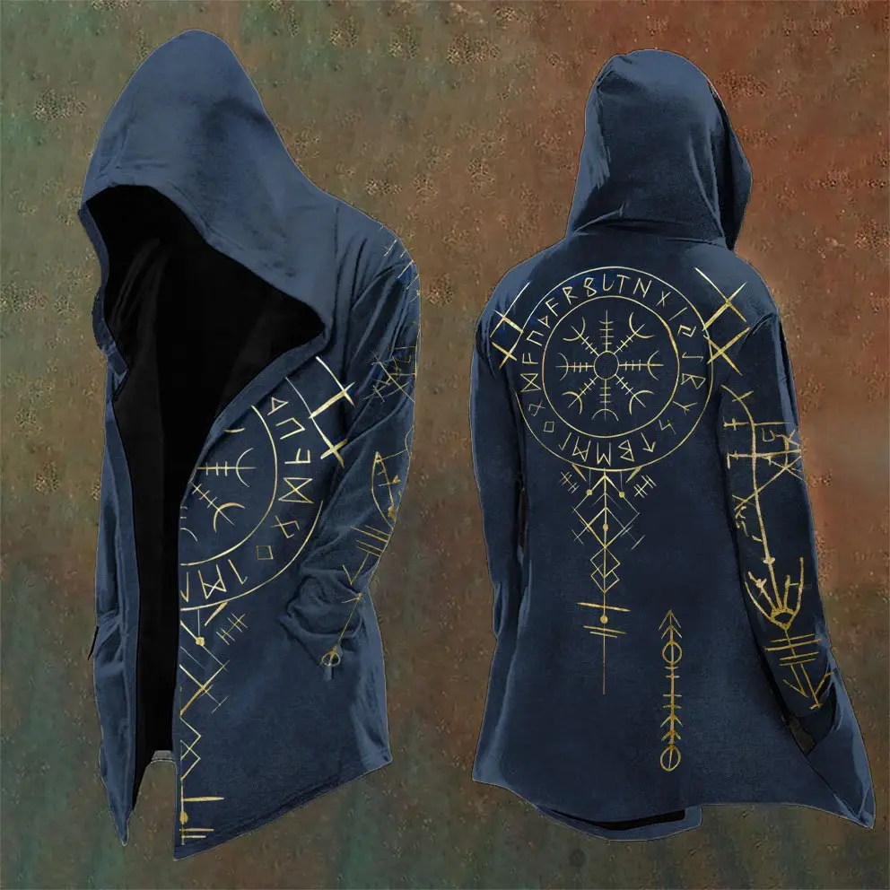Men’s Mythical Hooded Cloak Coat, Dragon Koi Tiger Yin Yang Viking Rune Print Open Front Mid-Length Robe, White Lining