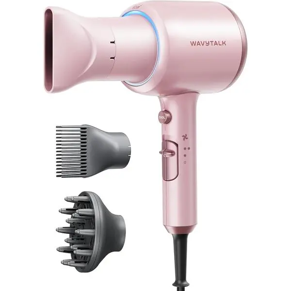 Wavytalk Blown Away Ionic Hair Dryer with Diffuser for Curly Hair | 1875W Fast Drying, 3 Attachments for All Hair Types, Ceramic Healthy Shine, Lightweight & Quiet (Pink)