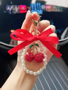 Women's Fashion Cute Bow Cherry Design Bag Charm, Adorable Keychain as Personal Gift, Geometric Pattern, All Seasons Accessory