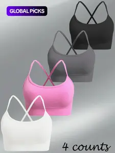 Women's Solid Color Criss Cross Sports Bra, High Stretch Comfortable Breathable Wireless Backless Sports Bra, Sports Lingerie Top for Indoor Outdoor Wear, Strappy Sports Bras, Workout Bras