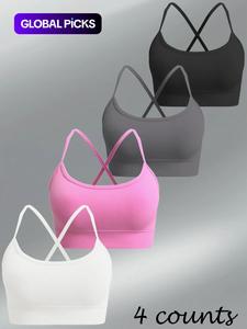 women's solid color criss cross sports bra, high stretch comfortable breathable wireless backless sports bra, gymclothes, sports lingerie top for indoor outdoor exercise wear, sports bra set, workout clothes