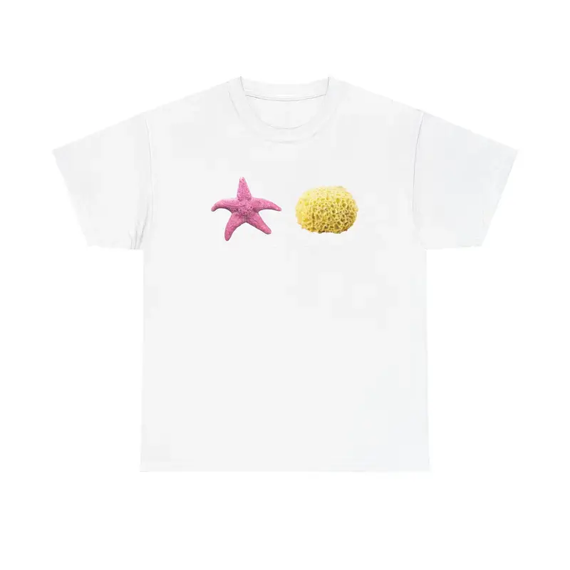 Pink Starfish and Yellow Sea Sponge Tee, Sunny, Prints, Classic, Relaxed Fit, Beach, Shortsleeve, Top