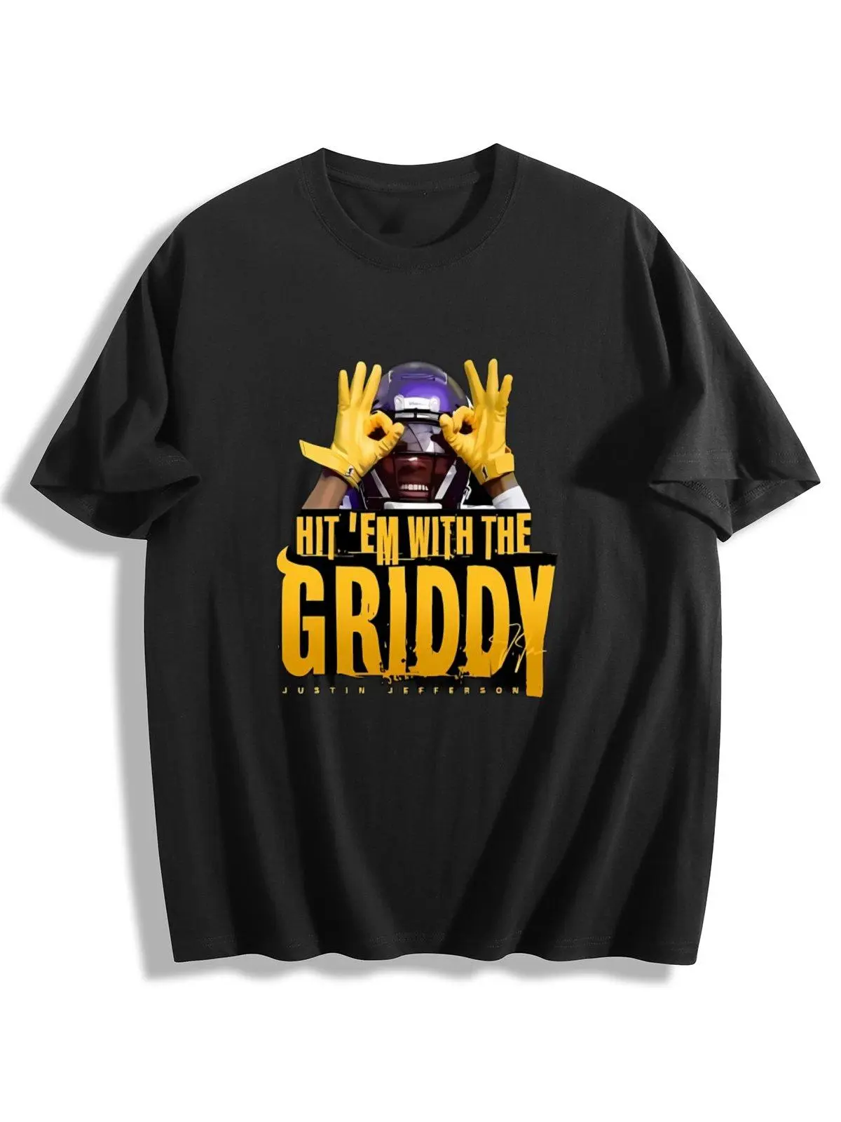 Hit 'Em With The Griddy Justin Jefferson Signature Graphic T-Shirt, Purple Helmet Football Player Short Sleeve Casual Black Top For Sports Fans