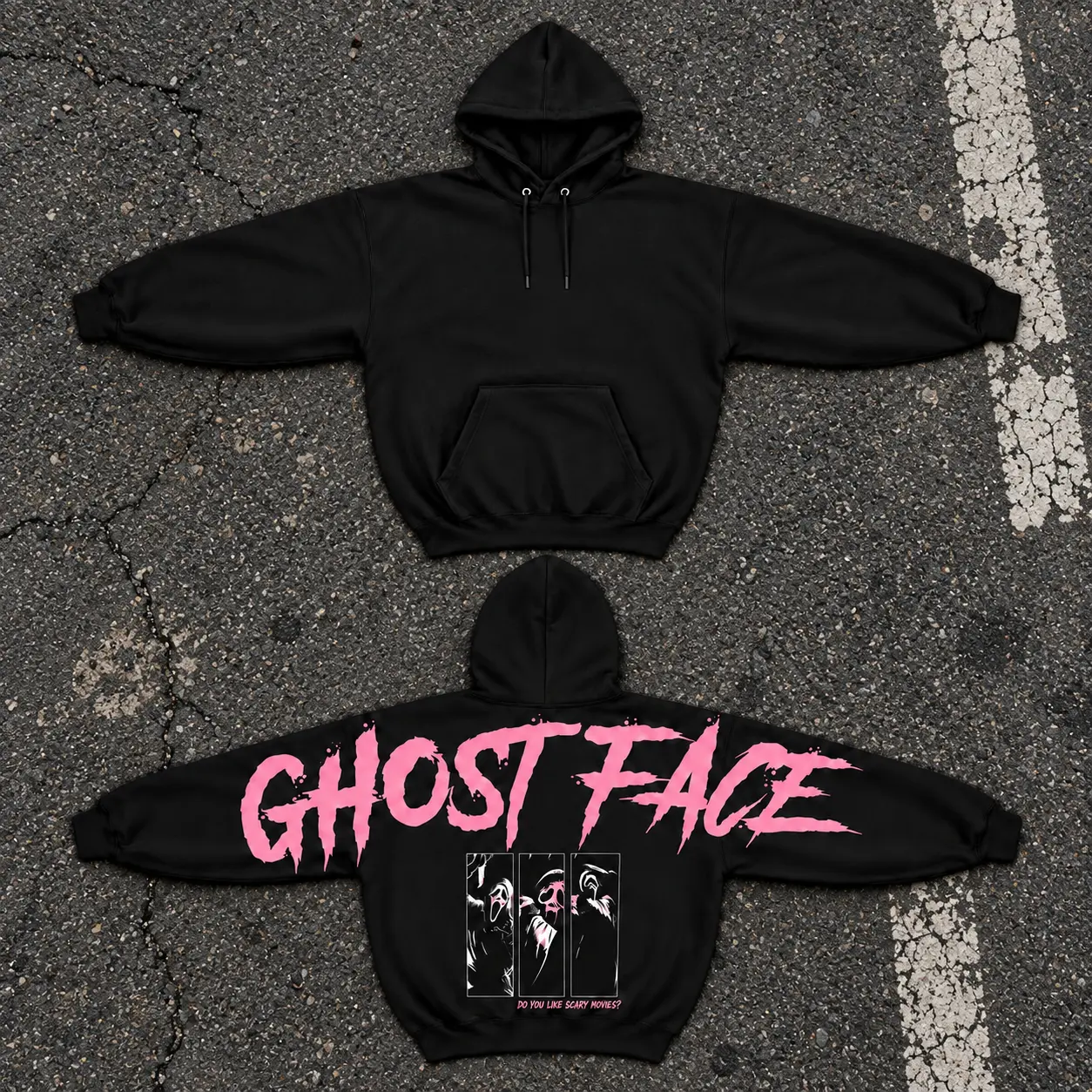 Women's Ghostface Pink Scream Horror Printed Pullover Hoodie - Fitted Tops, Firm Club Shoulder-to-Shoulder Back Lettering, Halloween Spooky Season Gift for Her