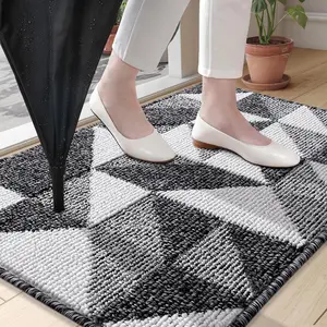 Door Mat Indoor Entrance Washable 32x20, Odor-Free Low-Profile Front Back Geometric Doormat, Absorbent Resist Dirt Entry Carpet, Easy to Clean Sturdy Inside Floor Mats for Entryway, Black