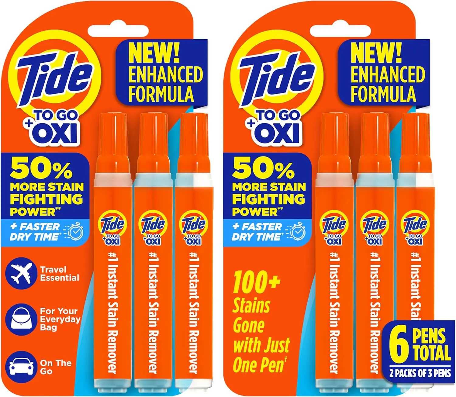 Tide Oxi Instant Stain Remover Pen - Travel Size, Ultra Compact 3-Piece Pack of 2, Non-Bleach All-Purpose Household Liquid Cleaner, Quick-Drying, Residue-Free, Portable, Mess-Free, Effective on Food & Drink Stains, Fits in Purses & Bags