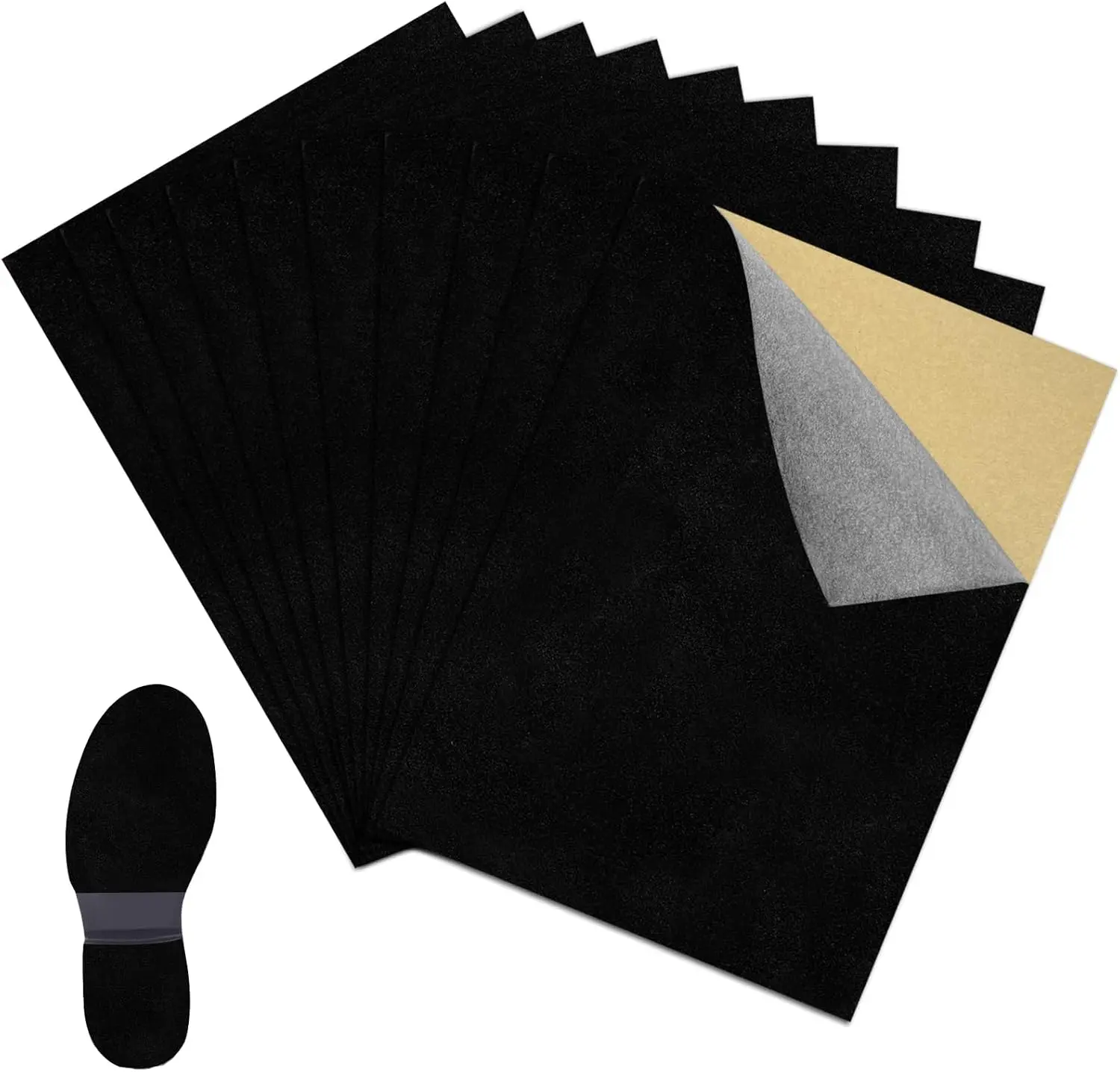10 Pack Faux Suede Stick-On Sole Protectors, 11.8" x 8.3" Black Adhesive Pads for DIY Dance Footwear, Friction-Reducing for Wood Floors, Replace Soles, Sticky Back, Nonslip Insoles & Heel Liners