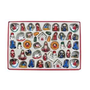 Kurt Adler Mini Wooden Holiday Ornament Set of 48 Vintage Christmas Decor - Snowmen Santa Claus Elves Creches Rocking Horses Angels Sleds Children