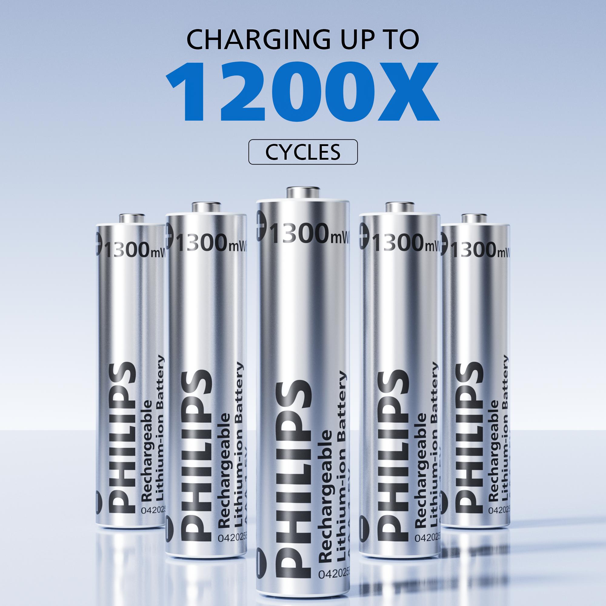 Philips Rechargeable AAA Lithium Ion Batteries - 1300mWh 1.5V Constant Output Li-ion Cells, 1200 Cycles Long-Lasting Power for Alarm Clock, Children's Toys, Lithium Ion Battery