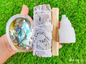 White Sage Smudge Kit Mini with Detailed Instructions, Abalone Shell, Palo Santo, Selenite Skyscraper, Sage Smudge Cleansing Kit "D"