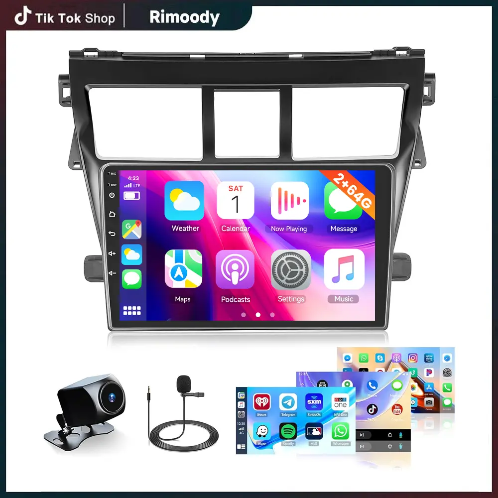 Rimoody 2+64G Android OS Car Radio Audio Head Unit for Toyota Yaris Vios 2007-2013, 9in 1280*720 Carplay Touchscreen with 4*45W Power Output, DSP, FM/RDS, 32EQ, Bluetooth5.0, GPS Navigation, 5GHz WiFi, Mirror Link, Backup Camera (Father's Day Gift Option)