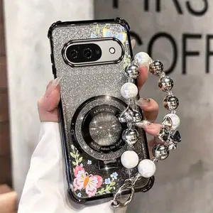 Fashion Strap Lanyard Beautiful Floral Butterfly PC Phone Holder Case with Shockproof Protector For Compatible with Google Pixel 9