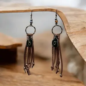 Cowgirls Wanted Handmade Amber Agate Soft Leather Earrings with Cowgirl Hat Charm, Decorative Silver Beading, and Tassels