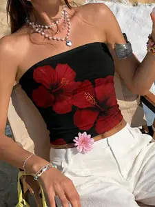 🔥 Viral Hibiscus Print Tube Top | Black Slim Fit, Y2K Coquette Summer Vibe! Perfect for Beach Vacation & Casual OOTD ✨#TubeTop #FloralPrintTop #Y2KFashion #CoquetteStyle #TikTokFashion #SummerOOTD