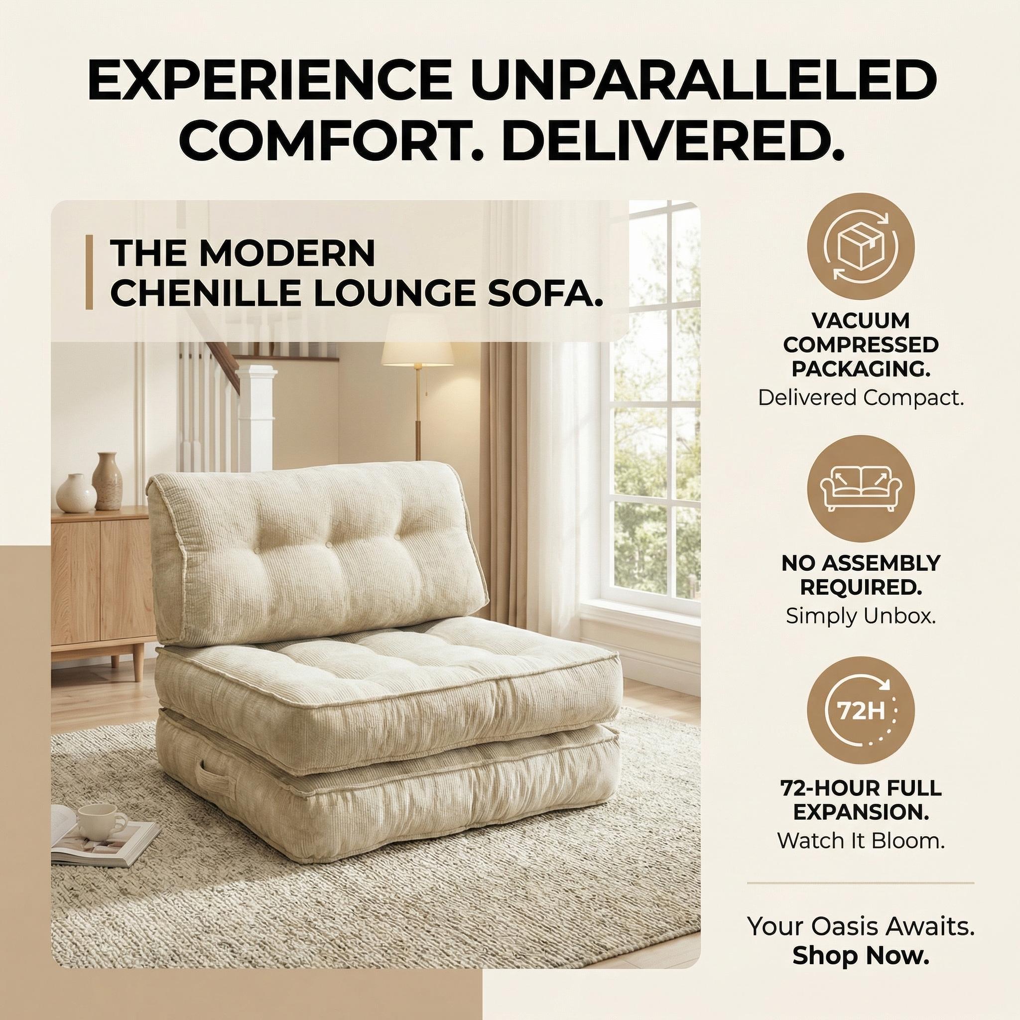 Single lazy sofa, small folding sofa bed with soft package for deep seat wrapping, boneless sofa in living room and bedroom, no need for assembly