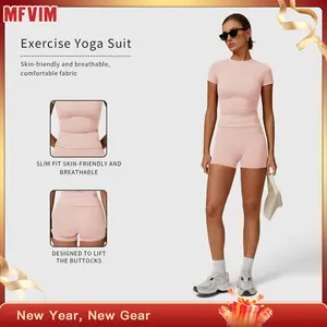 Women's Solid Ribbed Crop Tee & High Waist Skinny Shorts Set, Sporty Breathable Quick Drying for Yoga Gym Workout Running, Activewear, Athletic Tracksuit, Ladies Sportswear for All Seasons