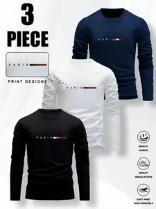 Men's three-piece set with long-sleeved shirt and round-neck casual T-shirt with letter  pattern Suitable for home,dates and outdoor activities