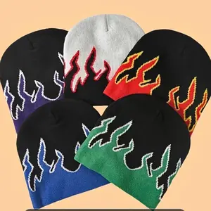 Y2K Style Unisex Jacquard Knit Beanie with Letter Flame Pattern - Acrylic Stretch Hip-Hop Cap for Street Fashion Headwear