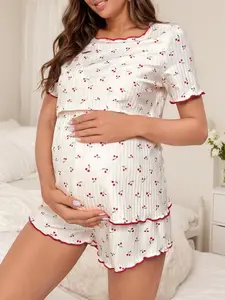 Women's Cherry Print Contrast Trim Ribbed Pajama Two-piece Set, Casual Comfy Short Sleeve Tee & Shorts PJ Set, Maternity Sleepwear for Summer, Loungewear, Pyjama Set