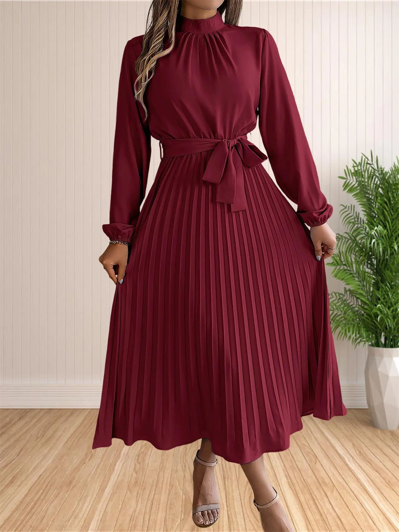 Women's Solid Belted Pleated A Line Dress, Elegant Bishop Sleeve Mock Neck  Dress for Fall & Winter, Women's Clothing for Daily Wear, Casual Everyday  Wear - TikTok Shop