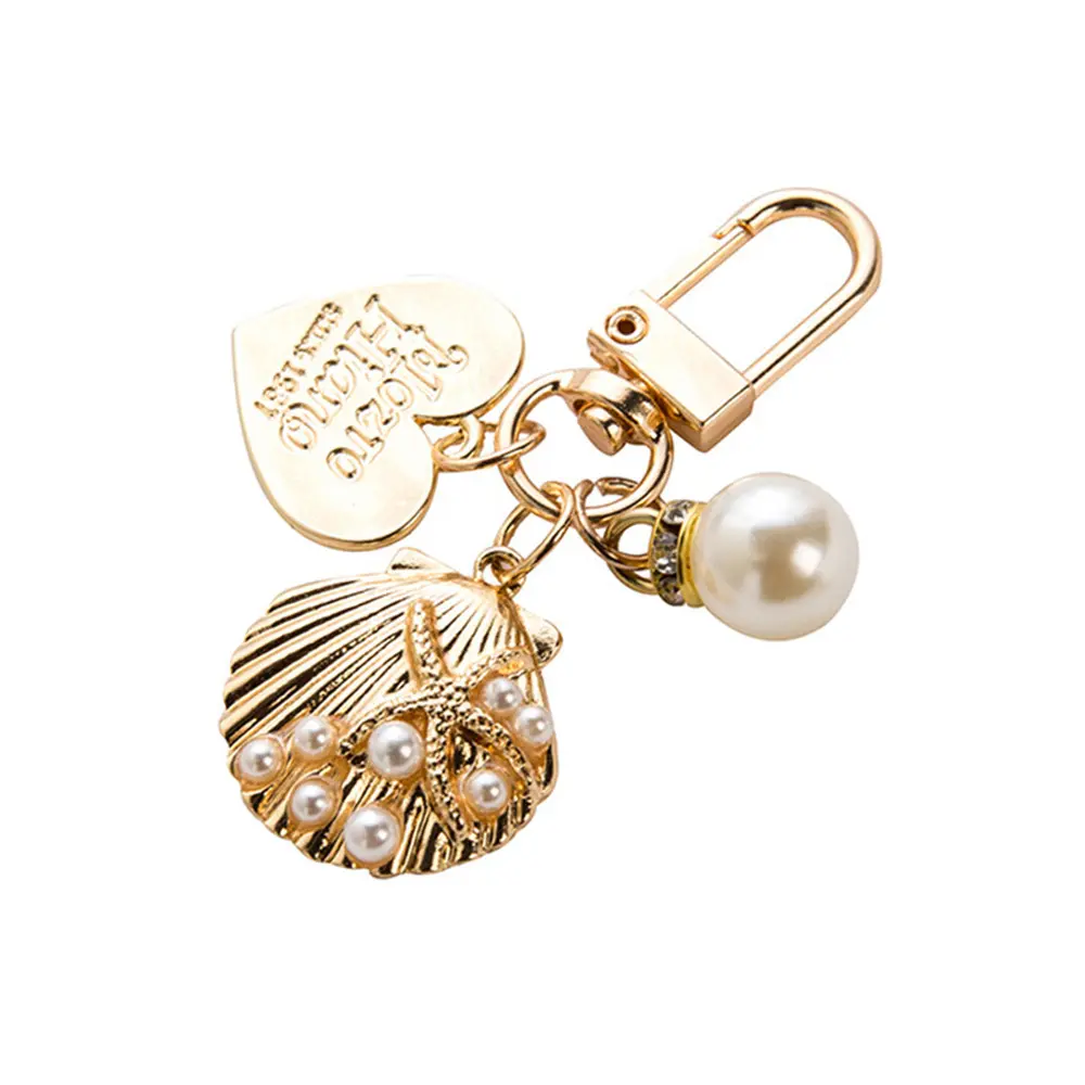 Shell Pearl Bag Charm, Gold-tone Keychain with Petal Shell & Faux Pearl Pendant, Ocean Style Key Ring for Handbag Backpack