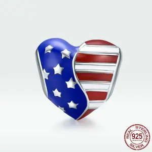 925 Sterling Silver American Flag Heart Charm - Patriotic USA Bead