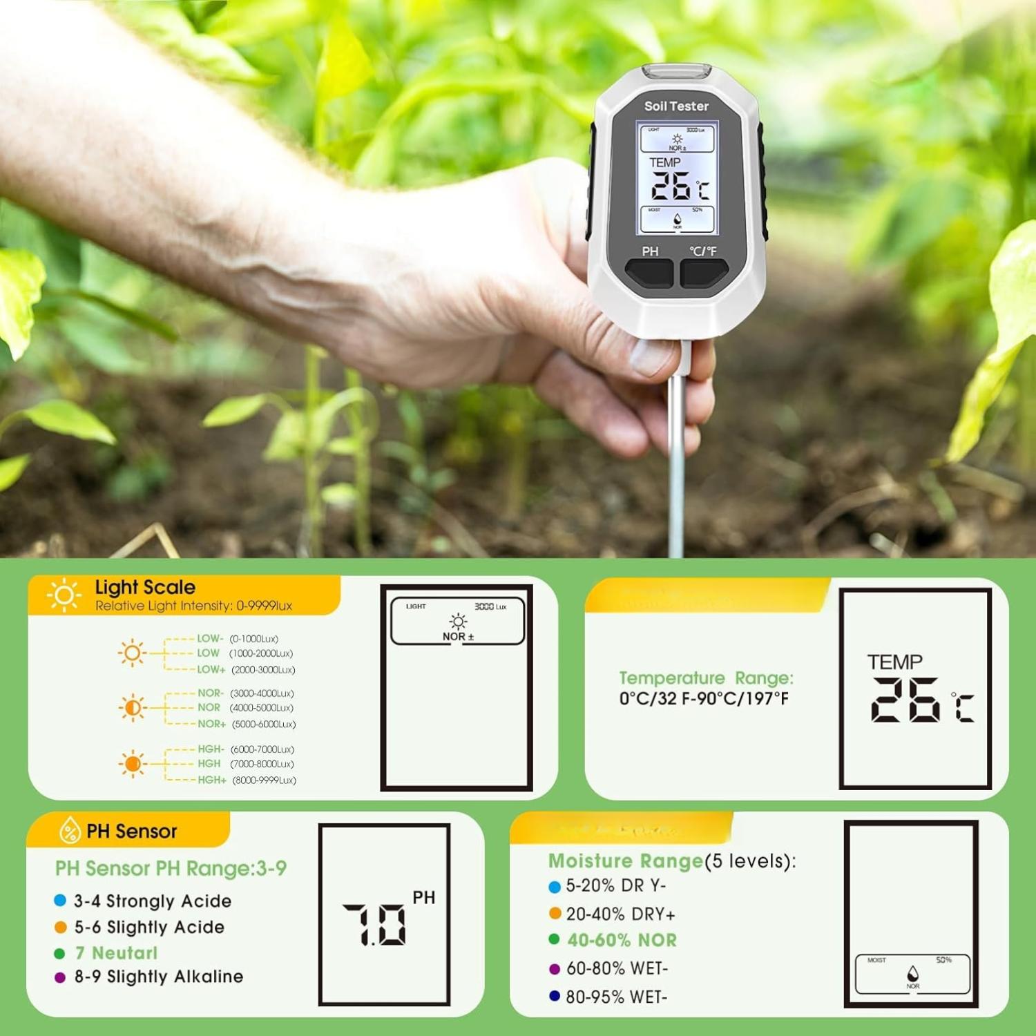 4-in-1 Soil Moisture Meter, Digital Plant Temperature/Soil Moisture Test & PH Meter/, Farming and Outdoor Plants 3-in-1 Soil Moisture and pH Meter meter Digital Multifunction Soil and Plant Meter Plant Soil Moisture Detection Meter Large Capacity Outdoor 4-in-1 Soil Moisture Meter, Digital Plant Temperature/Soil Moisture Test & PH Meter/, Farming and Outdoor Plants 3-in-1 Soil Moisture and pH Meter meter Digital Multifunction Soil and Plant Meter Plant Soil Moisture Detection Meter Large Capacity Outdoor