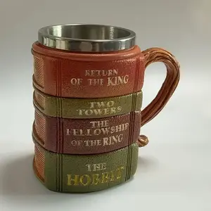 Unique and Fun Retro-Style Stacked Books Design Mug, Drinkware, Stainless Steel, Perfect for Morning Coffee or Reading, Home Decor, Literary Theme