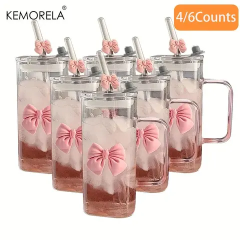 Cute Bow Design Glass Cup, 1/2/4/6 Counts Reusable Heat-resistant Coffee & Milk Cup with Bow Decoration, Lid and Straw, Drinking Cup, Drinking Tumbler for Home Office, Kitchenware, Drinkware, Water Bottles