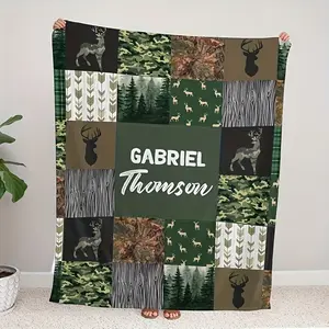 1PC Custom Name Deer & Forest Plush Blanket - Personalized Soft Flannel Throw For Boys And Girls, All-Season Cozy Gift