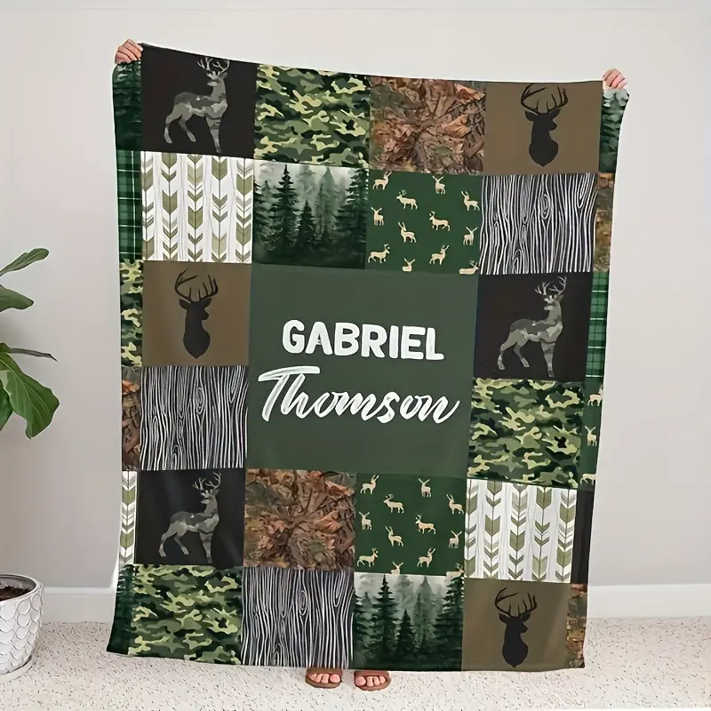 1PC Custom Name Deer Animal Characters Flannel Blanket - Personalized Soft Throw, All-Season Cozy Gift for Kids, Custom Blanket for Home Use, Personalized Blankets