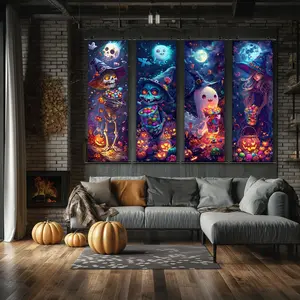 4 Halloween hanging banners, cute cartoon Halloween candy skeletons and ghosts, Halloween murals and decorative posters, fun party decorations, horror themes, living room, bedroom, home posters, high definition, waterproof, ideal gifts