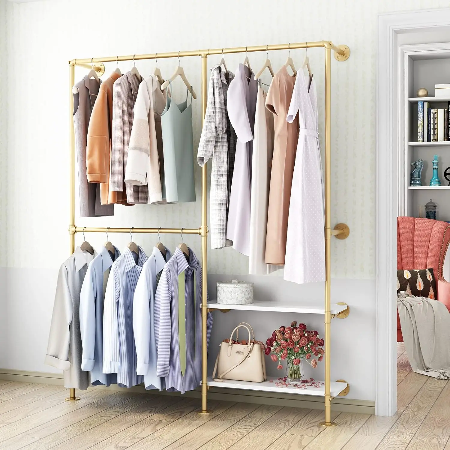 Gold Pipe Clothes Racks with White Shelves, Industrial Pipe Gold Clothing Rack with Double Hanging Rods, Heavy Duty Wall Mounted Clothing Rack Rod for Closet Storage, Bedroom Organiser Wood Hangable Metal Multicolor