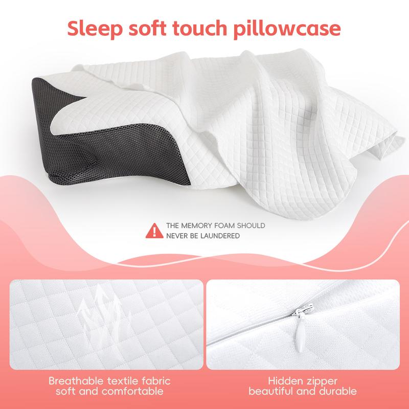 Pillow Cases for Cervical Pillow - Contoured Ergonomic Pillowcase with Zipper, Grey Soft & Smooth Fabric for Hair & Skin Care, Durable Bedding Accessories