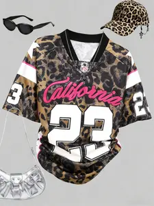 California 23 Women's Leopard Print Sporty Top Short Sleeves, Vintage Design, Geometric Elements, Street Style Casual Fashion, Perfect for Holidays