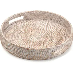 16.9" Round Rattan Tray, Hand Woven Serving Tray with Handles, Wicker Serving Basket, Decorative Tray for  Decor, Whitewash