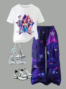 Youthful Girl Fashion Korean Style Member Tee & Gradient Star Print Cargo Pants Set, Comfortable T-Shirt Suit for Festivals