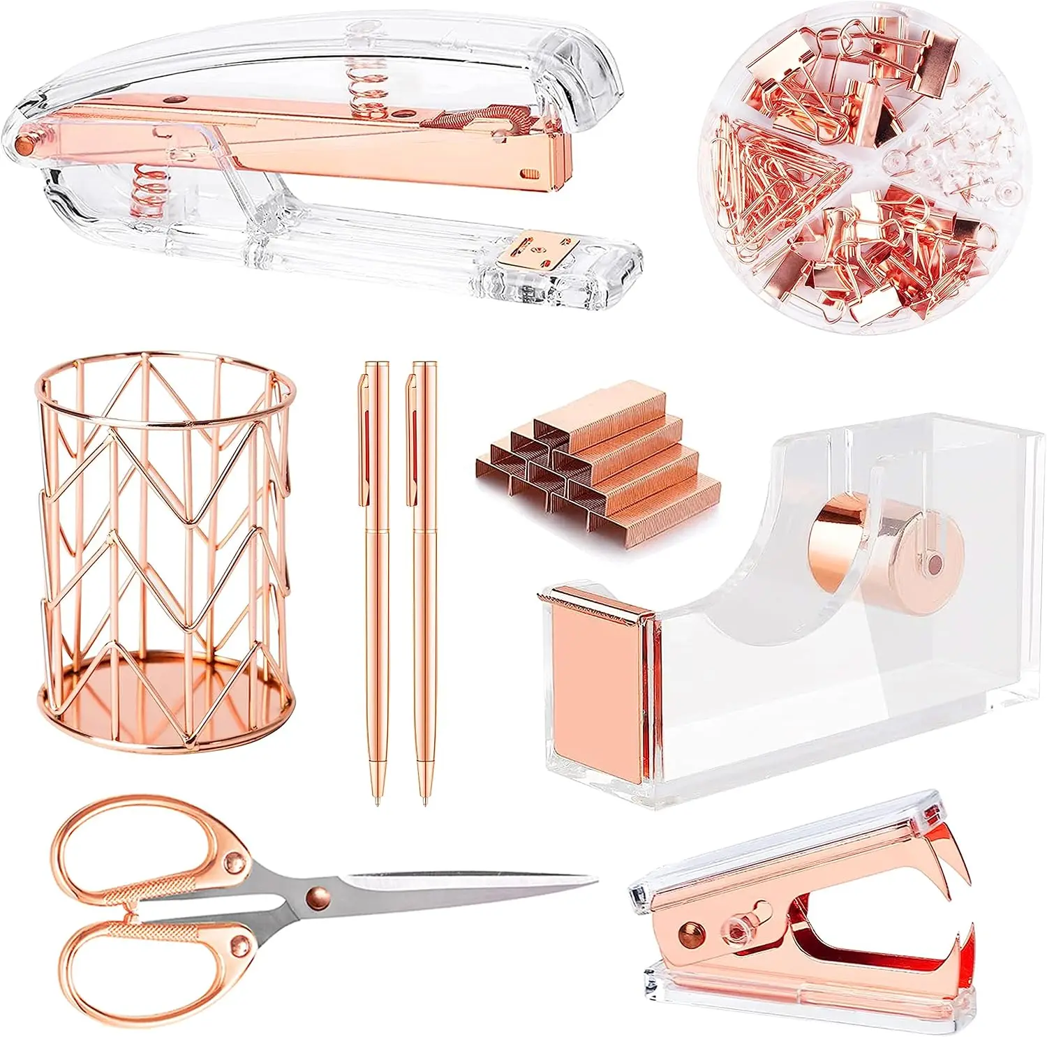 Famassi Rose Gold Acrylic Desk Accessories Set - Office Stationery Kit with Stapler, Staple Remover, Tape Holder, 2 Ballpoint Pens, Scissors, Binder/Paper Clips, 1000pcs Staples